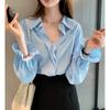 Camisa de cor sólida com redução de idade fresca Primavera feminina 2023 Novo estilo coreano elegante All-match Commuter Loose Casual Sun Protection Top