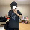 Camiseta Feminina Manga Curta Estampa de Desenho Animado Retro Americana Desgastada Lavada Verão Estilo Coreano Versátil Preguiçoso Solto Top