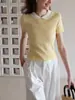EGKA top de punto corto de manga corta con cuello de muñeca de punto trenzado en color de contraste para mujer, verano, corto, ajustado, favorecedor, hombro normal, ropa dulce