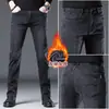 Jeans de Alta Qualidade Italiano com Forro de Fleece Cinza-Preto para Homens, Outono/Inverno, Largos, Retos, Casuais, Versáteis, Longos para Negócios