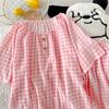 Pijama de Algodón Nube a Cuadros para Mujer Verano Manga Corta Estilo Ins Lindo Conjunto de Shorts Dulces de Verano Ropa para el Hogar