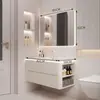 Lavatório minimalista estilo cinza-creme com cuba integrada de cerâmica, combinação de gabinete de banheiro inteligente de madeira maciça para banheiro moderno