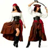Vestido longo estilo comércio exterior de Halloween, artístico, frente curta e costas longas com babados. Vestido medieval estilo pirata com modelagem na cintura