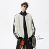 Sudadera cárdigan texturizada con raya vertical bordada para hombre, primavera, resistente, con textura, cuello alto, corte holgado, chaqueta deportiva casual