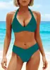 Nuevo traje de baño de dos piezas para mujer de Amazon, estilo europeo y americano, con diseño de cuello halter en bloques de color, corte de cintura alta y un conjunto de bikini sexy.