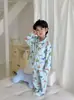 Conjunto de Lã e Seda para Casa Infantil, Pijama Cardigan com Gola Reversível para Meninos e Meninas, Roupa Íntima Térmica para Crianças Pequenas Outono/Inverno