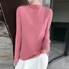 Nuevo Suéter de Punto 100% Lana Otoño/Invierno para Mujer, Manga Larga, Cuello Semi Alto, Color Sólido, Costilla, Top de Cachemira