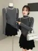 Tricô com Gola Alta Meia e Pedrarias Estilo Coreano para Mulheres, Novo Top Básico Slim Fit de Manga Longa Outono e Inverno 2025