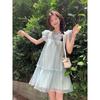 Vestido de gasa de manga Feifei para mujer Verano 2024 Nuevo Cuello alto de perlas con volantes Sensación holgada Falda de platycodon