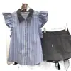 Camisa de Verano Nueva Estilo Coreano con Diseño de Cuello Rayas Mangas Cortas Volantes Pequeñas Volantes Top para Mujer Transfronterizo Dulce y Juvenil