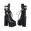 35-46 Outono/Inverno Botas Femininas de Couro Cano Baixo Bico Redondo Couro Envernizado Transfronteiriça Tamanho Grande Impermeável Plataforma Salto Quadrado Zíper Lateral Botas Martin