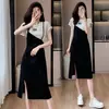 Vestido Francês Falso Duas Peças Feminino Verão Texturizado Chique Fashionável Esconde Barriga Emagrecimento Casual Fenda Longo