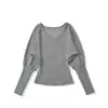 Suéter de Tricô Puro Desejo com Manga Morcego Cor Sólida Decote V para Mulheres, Camada Base Cinturada Outono e Inverno, Top Elegante de Manga Longa Slim