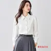 Camisa feminina branca de manga bufante e manga comprida, novo estilo outono, top doce retrô, camisa de manga lanterna respirável e elástica