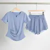 Conjunto de Roupa Fitness Respirável de Secagem Rápida Verão Cintura Roupa de Yoga Feminina Tops Esportivos para Corrida Look Emagrecedor Camiseta de Manga Curta com Decote em V
