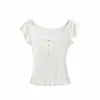 Top sin mangas con volantes de doble capa estilo europeo y americano, Camiseta de verano estilo puro deseo de Tencel y lana, Hombro normal, corte ajustado, Versátil