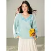 Suéter de tricô azul elegante estilo francês com estampa floral azul nebuloso para mulheres, lindo design de outono, peça para cobrir com ondas