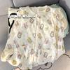 Pijama feminino estilo coreano com gola de boneca listrada e almofada no peito, cardigan de manga comprida com desenho animado, nuvens, algodão, roupas para casa