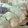 Juego de Cama de Encaje Francés de Terciopelo de Leche Clase A de Invierno Juego de Cuatro Piezas Funda Nórdica Gruesa de Coral Fleece Franela Sábana Juego de Tres Piezas