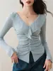 Suéter ajustado de punto con cuello en V fruncido y pliegues, nuevo para principios de otoño, elegante, dulce, que estiliza la cintura