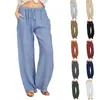 Amazon 2023 Nuevos Pantalones Casuales para Mujer de Talla Grande Europeos y Americanos Color Sólido Algodón Lino Holgados Cintura Alta Pantalones de Pierna Ancha con Cordones