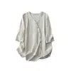 Nuevo cárdigan versátil de cuello en V para verano, holgado y estiliza, top tipo camisa de manga corta de algodón y lino, estilo vintage simple para mujer