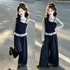Conjunto de Outono para Meninas 2026 Novo Estilo Preguiçoso Casual Falso Duas Peças Blusa de Manga Longa Calça Wide Leg Floral Conjunto de Duas Peças