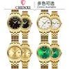 Reloj de Pareja Calendario de Negocios Dawn con Correa de Acero y Diamantes en Oro Verde, Transmisión en Vivo Transfronteriza, Venta al por Mayor de Fabricante, Relojes de Pareja para Hombre y Mujer