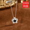 Colar Prata de Lei S999 Prata para Pé Flor de Diamante Negro Feminino Coreia do Sul Simples Ins Doce Estilo Cool Flor de Cinco Pétalas Corrente para Clavícula