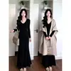 Falda de sirena con estampado de flor de loto negra, vestido de punto de manga larga para mujer, capa interior para gabardina de otoño e invierno, vestido largo ajustado