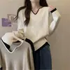 Suéter de Punto con Bloques de Color y Cuello en V de Manga Larga para Mujer, Ropa para Mujer de Tallas Grandes para Primavera y Otoño, Corte Holgado, Adelgazante, Top que Cubre el Vientre, Camiseta Base