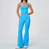 Conjunto de yoga transfronteiriço europeu e americano, design justo com costas nadador, calça flare de cintura alta modeladora, controle de barriga, levantamento de glúteos, roupa feminina para fitness 5112