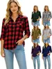 Camisa a Cuadros para Mujer de Estilo Nuevo Transfronterizo Europeo y Americano, Manga Larga, Cuello Solapa, Casual, Holgada, con Bolsillo, Top, Ropa de Abrigo