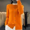 Cárdigan de lana de punto sin costuras de cuello redondo 100% lana de alta gama listo para usar para mujer, colección de otoño, suéter estilo coreano