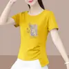 2026 Nuevo Modelo Camiseta de Manga Corta para Mujer de Comercio Exterior, Corte Holgado, Tallas Grandes, Adelgazante, Cubre Vientre, Top Estampado de Media Manga