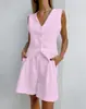 Traje Chaleco de Algodón y Lino con Sentido del Diseño Europeo y Americano 2025 Traje Chaleco para Mujer de Verano Casual sin Mangas Shorts Conjunto de Dos Piezas