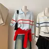 Suéter de malha com gola polo listrada color block estilo coreano, com zíper, nova moda outono e inverno, versátil, pronto para envio, suéter personalizado
