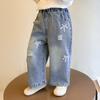 Jeans de Primavera para Meninas 2025 Novo Estilo Ocidental Infantil Solto Reto Calças de Perna Larga Calças Casuais de Primavera para Bebês