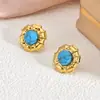 Pendientes Minimalistas Turquesa de Alta Venta Transfronteriza, No se Desvanecen, Estilo Vintage de Alta Gama, Pendientes Redondos de Nicho Chapados en Oro de 18 Quilates