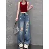 Jeans rotos estilo retro americano para mujer petite, nuevo estilo de otoño, pierna ancha de moda, caída fluida, holgados, pantalones rectos que estilizan