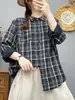 Camisa xadrez de algodão puro, de manga longa, com duas camadas de gaze, modelagem solta, para mulheres, outono, vintage, casual, versátil, modeladora