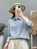 Venda direta da fábrica Camisa feminina de algodão gaze dupla com bordado floral doce estilo Mori girl, gola e manga longa
