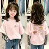 Camiseta de manga comprida para meninas, estilosa e moderna, algodão puro, top para o início do outono, casual estilo coreano, falsa peça dupla, camiseta infantil de desenho animado