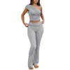 Conjunto Esportivo Pulôver Europeu e Americano Venda Quente na Amazon Ombro Único Sem Mangas Camiseta Cintura Alta Casual Calças Flare para Yoga
