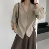 Top de linho com gola V de alta qualidade, estilo dinheiro antigo, de Dongdaemun, Coreia, para mulheres, blusa casual slim de outono de alta qualidade