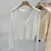 Venta al por mayor Primavera Nuevo Cardigan de Hilo de Seda Helada con Borde en las Orejas Ajustado Delgado Camisa Protectora Solar Prendas de Punto Exteriores para Mujer Chal Pequeño Blusa