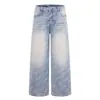 Jeans de Pierna Recta Desgastados con Estampado Completo de Letras Americanas para Hombre Punk Tendencia Lavado Degradado Nicho Sueltos de Pierna Ancha Pantalones Largos
