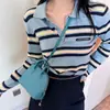 Estilo Coreano Fresco de Início de Outono Polo Azul Listrado com Logo de Letra Malha Feminina Versátil que Reduz a Idade Manga Longa