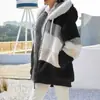 Transfronteiriço Amazon Temu Popular Europeu e Americano Outono e Inverno 2025 Quente Pelúcia Patchwork Zíper Bolso com Aba Calça com Capuz Solta Outer