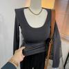 Camiseta de Manga Larga con Cuello en U de Alta Elasticidad para Mujer, Primavera, Color Sólido, Hilo de Algodón, Versátil, Negra, Cuello Redondo Grande, Camiseta Básica para Mujer
